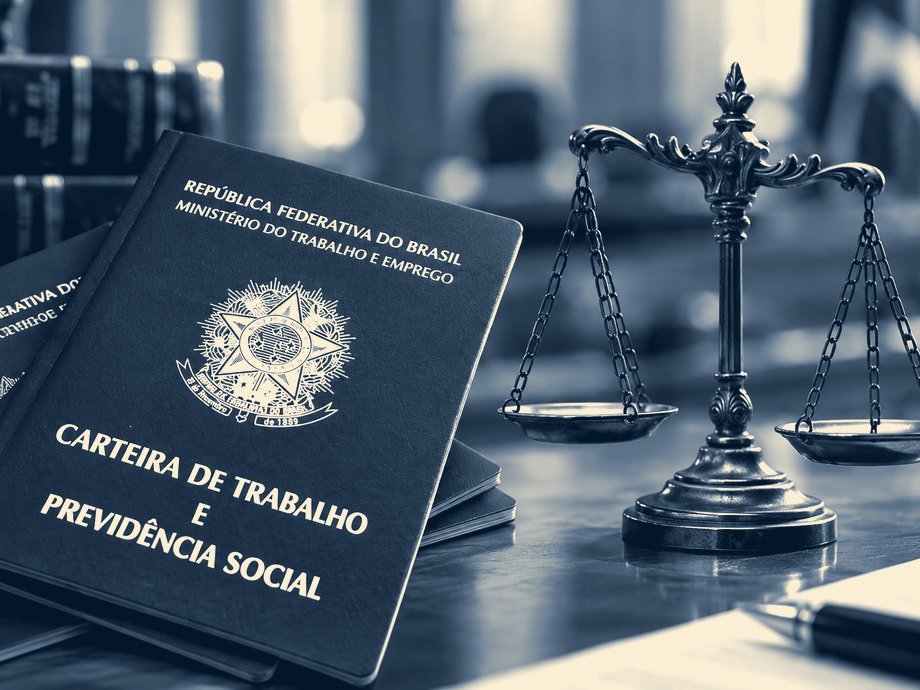 Carteira de trabalho e balança sobre mesa
